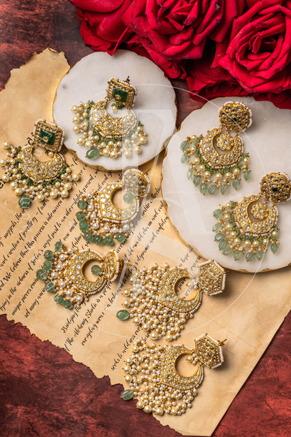 22kt Gold Bahaar Emerald and Uncut Diamond Chaandbalis