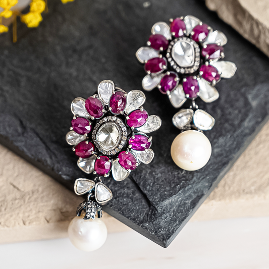 Overlapping Ruby Earrings with Pearl Dropping