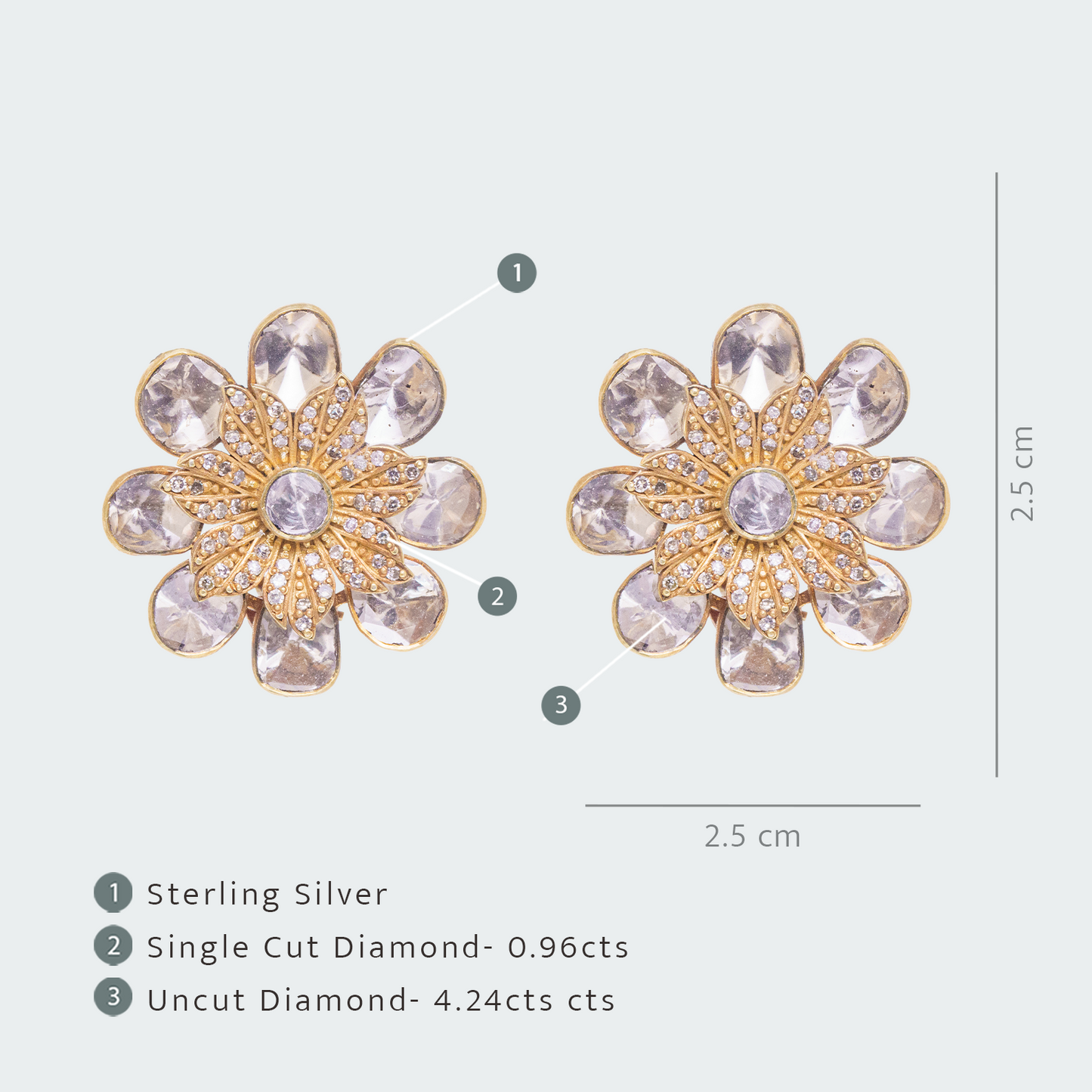 Camillia Diamond 3D Uncut Diamond Flower Earrings