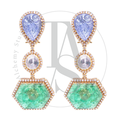 Chloe Carved Tanzanite and Emerald Uncut Diamond Earrings