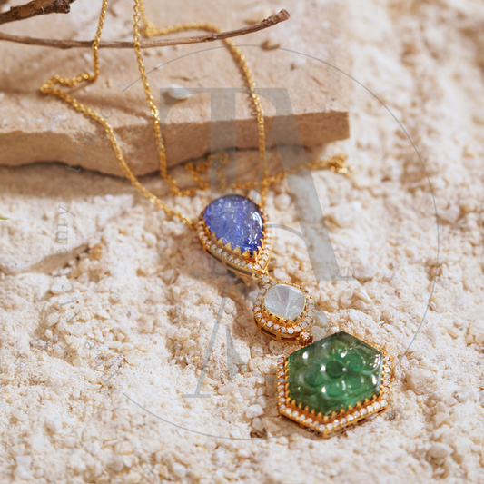 Chloe Carved Tanzanite and Emerald Uncut Diamond Pendant
