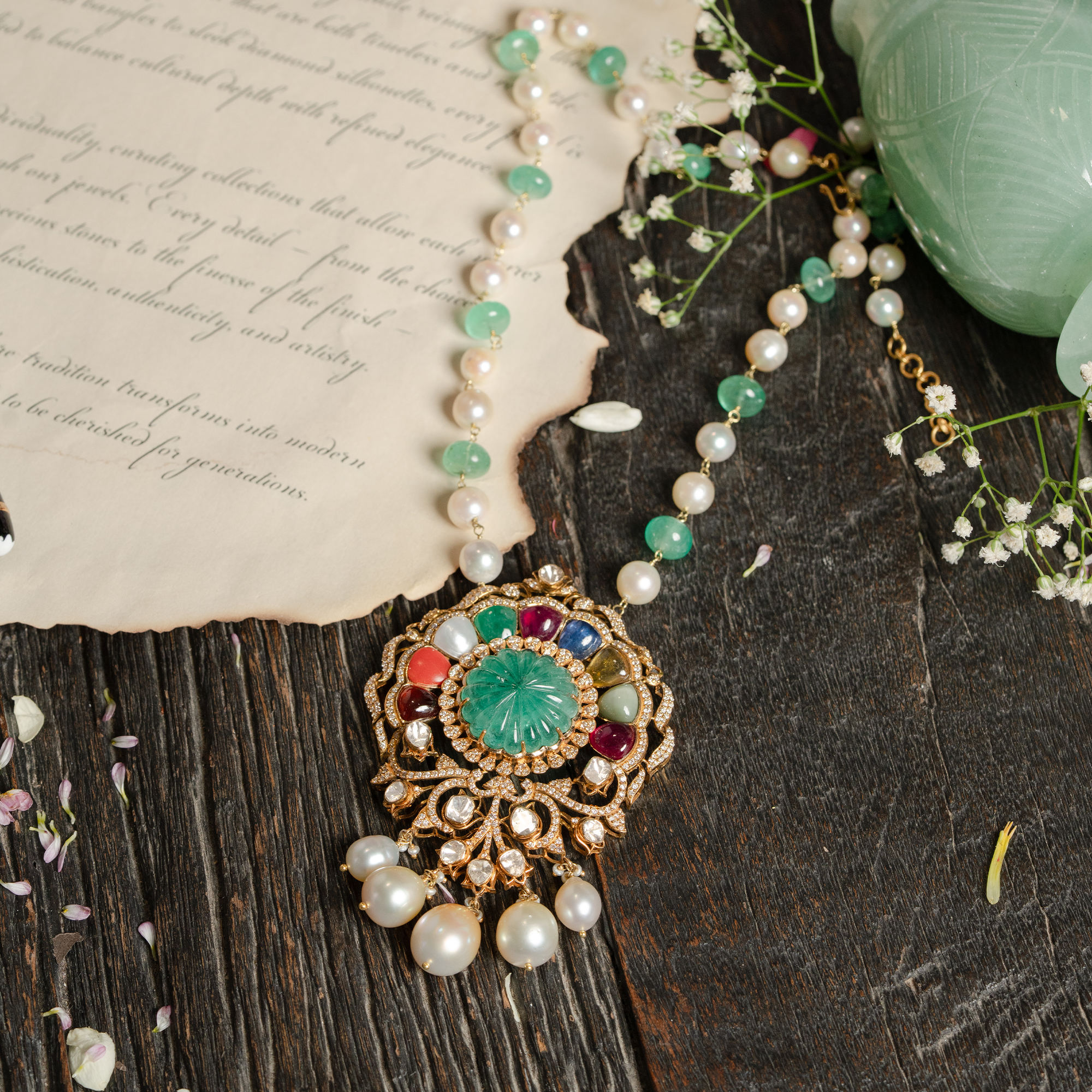 A magnificent gold polki navratan pendant featuring a central carved emerald surrounded by a rainbow of precious navratan milti-colored gemstones, uncut diamonds and dangling white South Sea pearls.