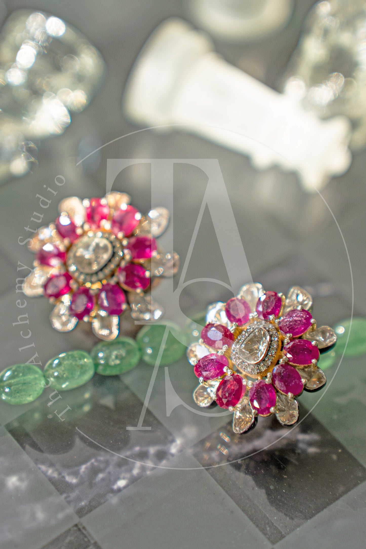 Overlapping Ruby and Uncut Diamond Flower Earrings