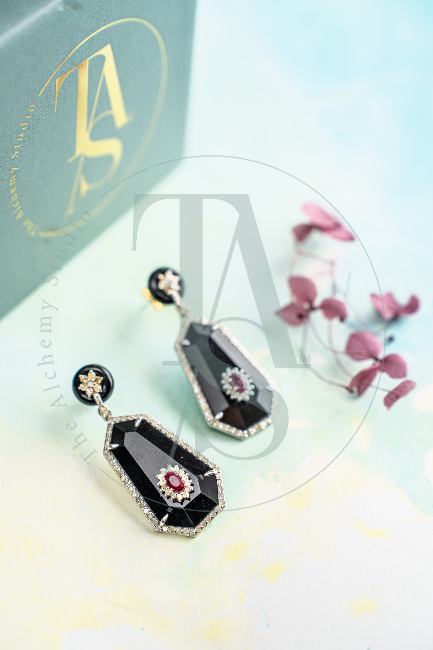 Oberon Black Onyx and Ruby Earrings
