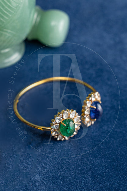 Kiyan Emerald and Tanzanite  Flower Cuff with Uncut Diamonds