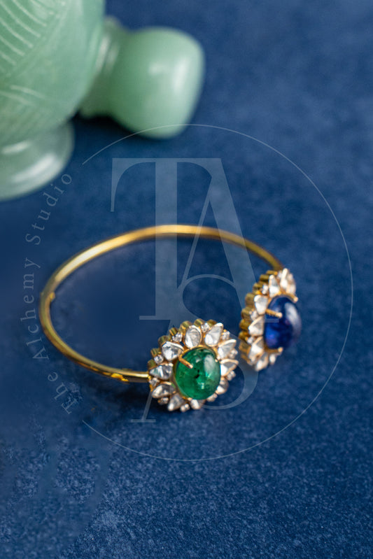 18kt Gold Kiyan Emerald and Tanzanite  Flower Cuff with Uncut Diamonds
