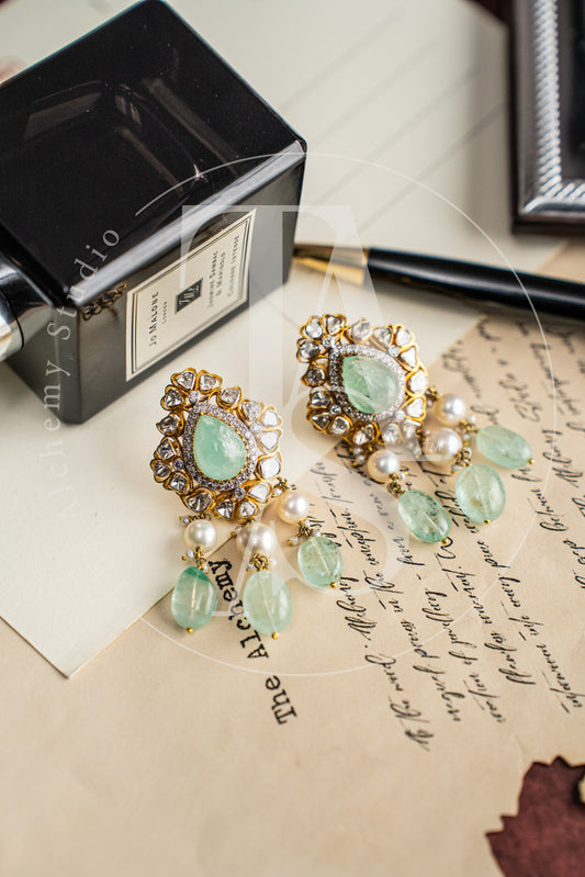 18kt Gold Hyderabad Uncut Diamond and Columbian Emerald Earrings