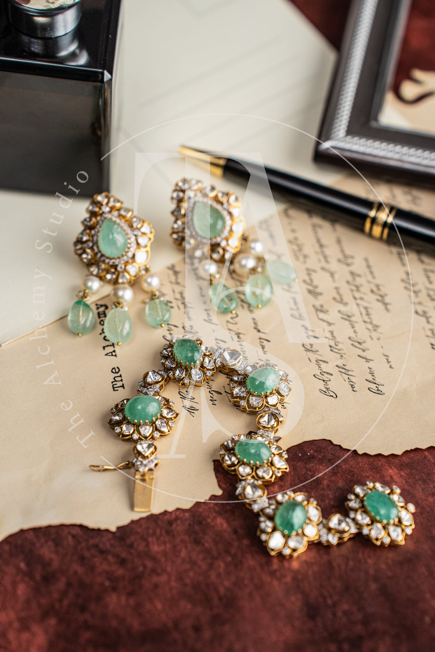 Hyderabad Uncut Diamond and Columbian Emerald Earrings