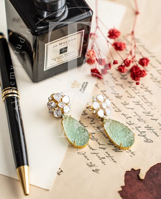 18kt Gold Moira Uncut Diamond Flower Detachable Earrings with Russian Emerald