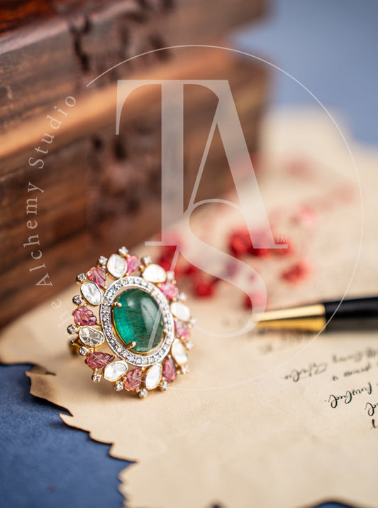 18kt Gold Ekiza Emerald and Ruby Ring (Detachable Pendant)