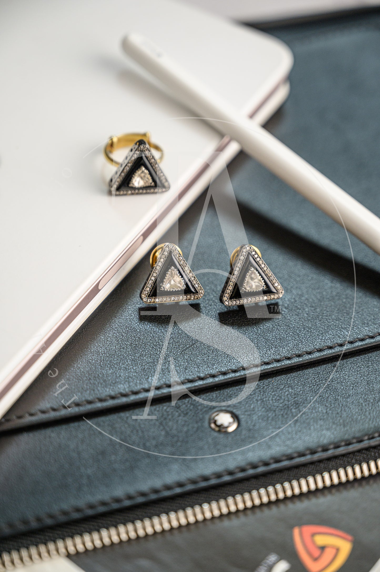 Allete Black Onyx and Uncut Diamond Triangle Earrings