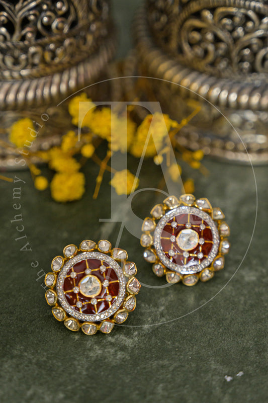 18kt Gold Layla Red Enamel and Uncut Diamond Flower Earrings