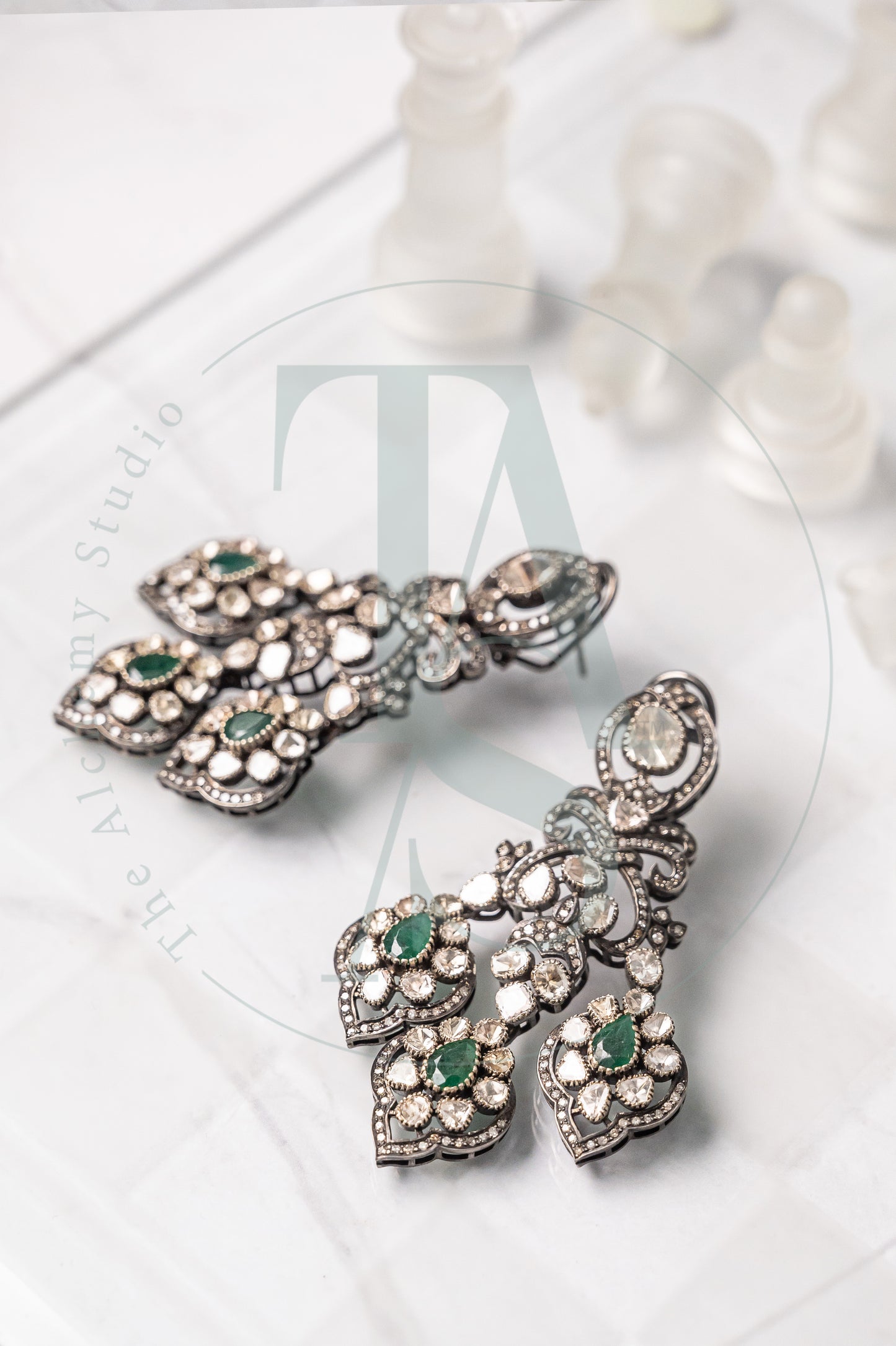 Everette Vintage Emerald and Uncut Diamond Chandelier Earrings