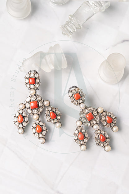 Coral and Pearl Chandelier Uncut Diamond Earrings