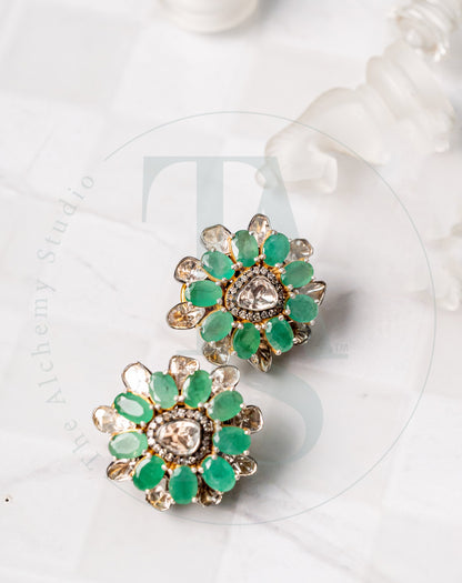 Overlapping Emerald and Uncut Diamond Flower Earrings