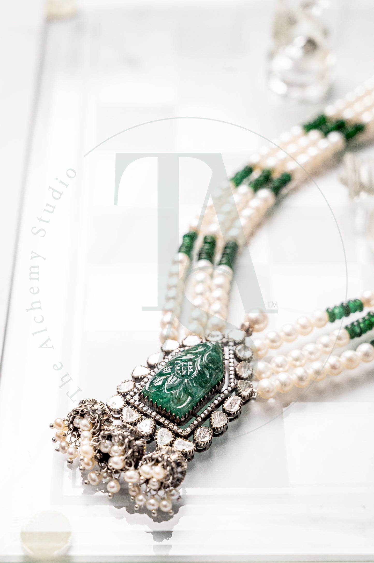 Selenite Carved Emerald and Uncut Diamond Necklace