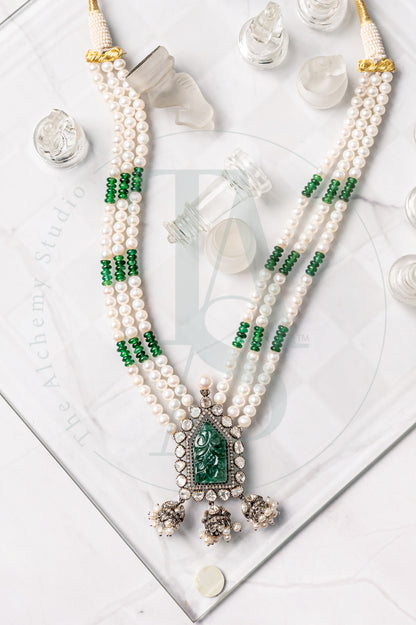 Selenite Carved Emerald and Uncut Diamond Necklace
