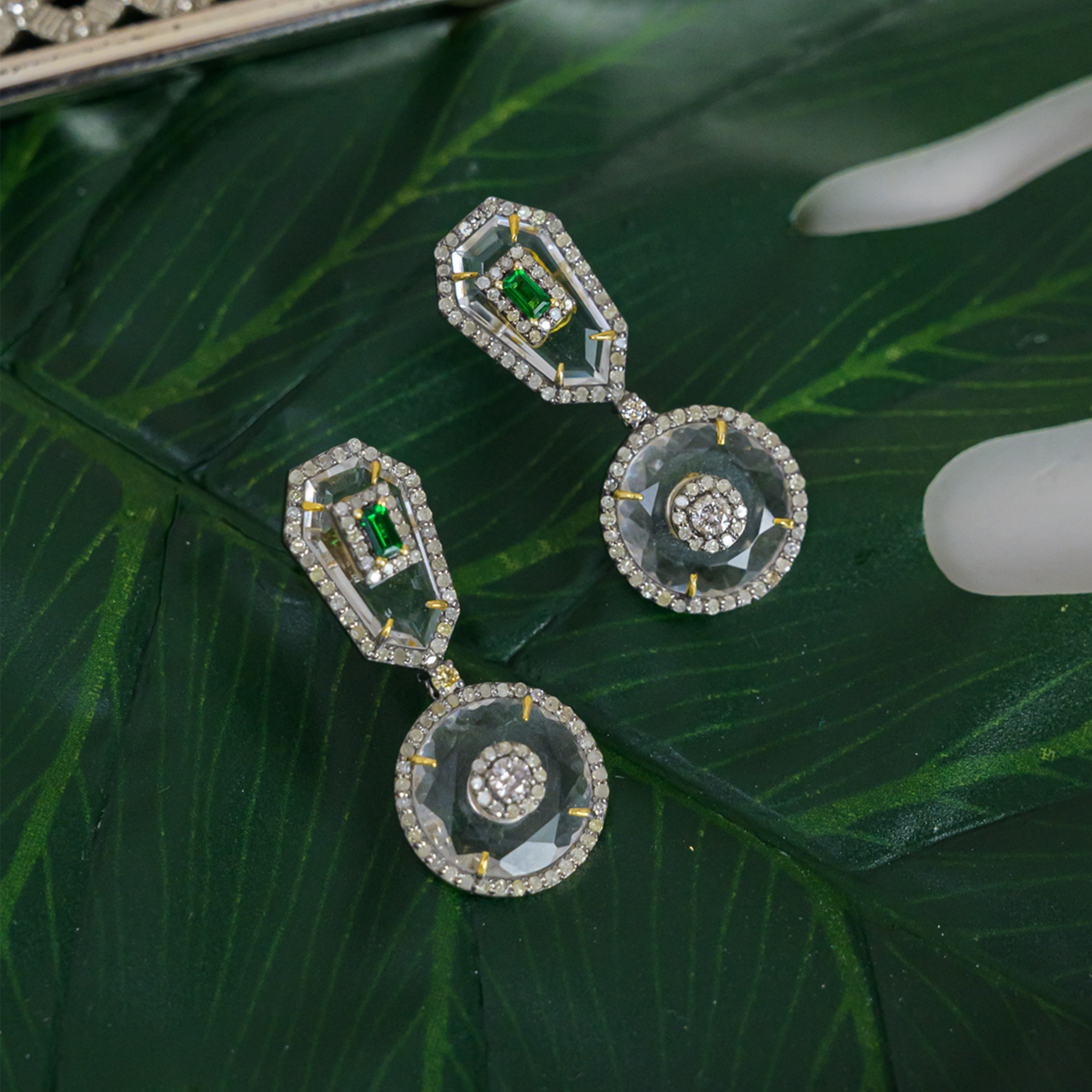 Emerald and crystal diamond gold earrings, handcrafted luxury fine jewellery, minimal statement earrings