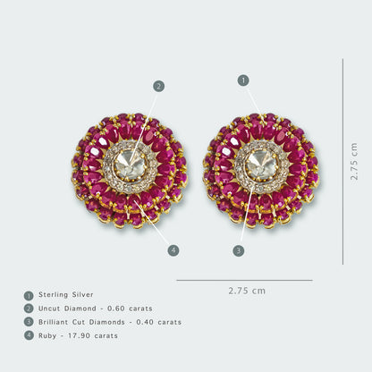 Dual Ruby Flower Uncut Diamond Earrings