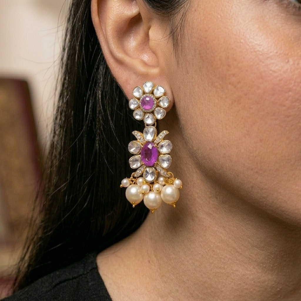 Dual Flower Polki Pink Sapphire Earrings