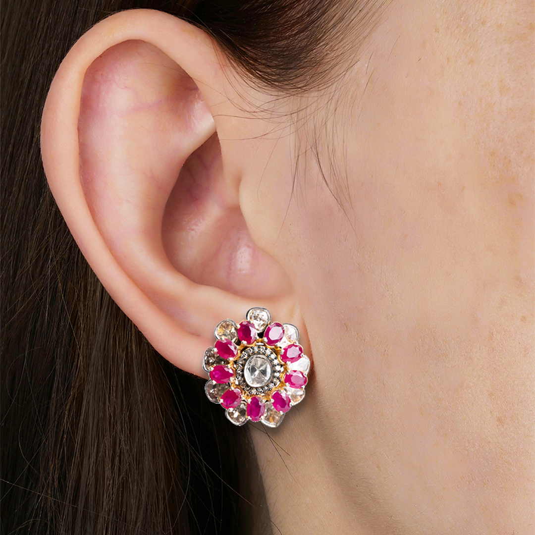 Overlapping Ruby Flower Studs