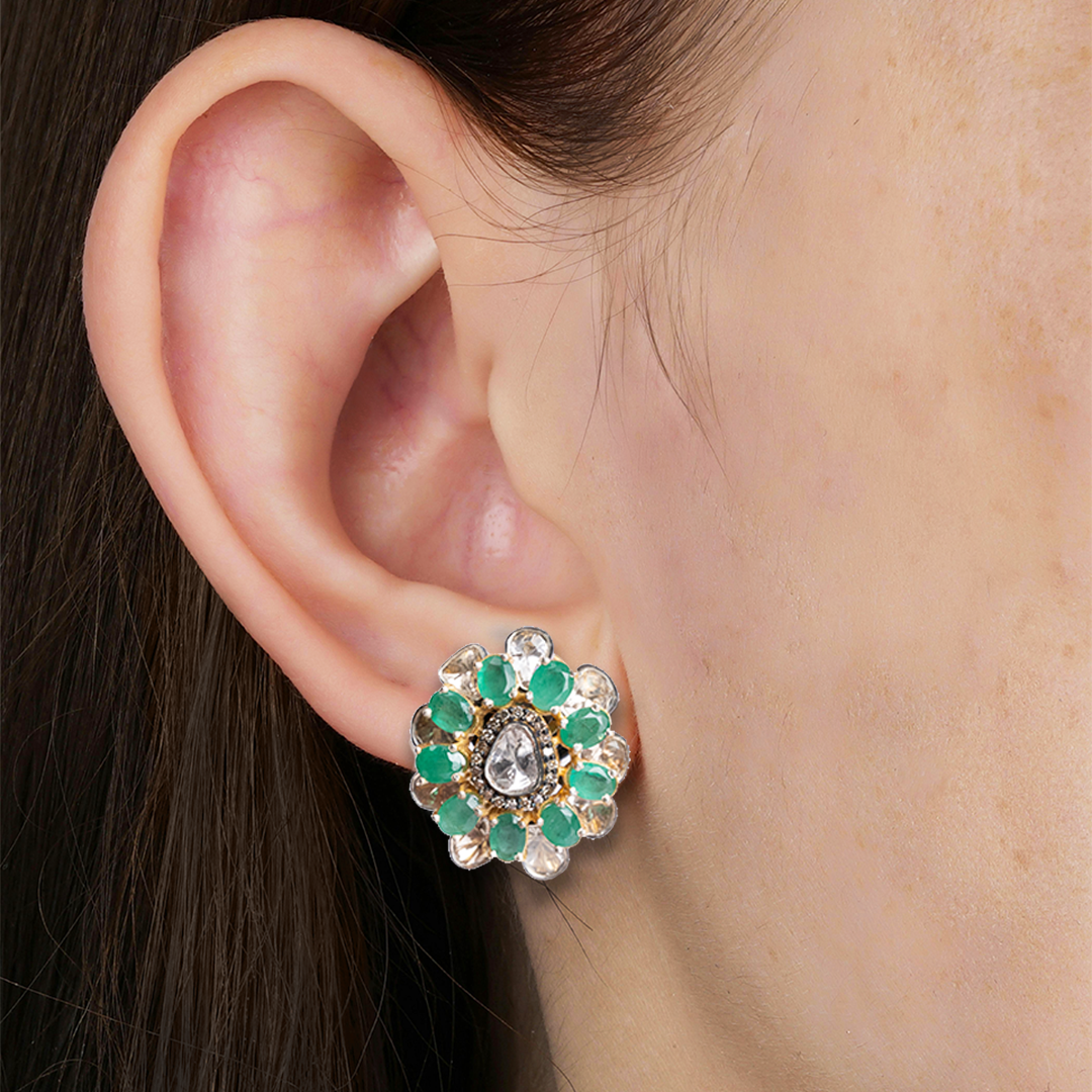 Overlapping Emerald Flower Studs