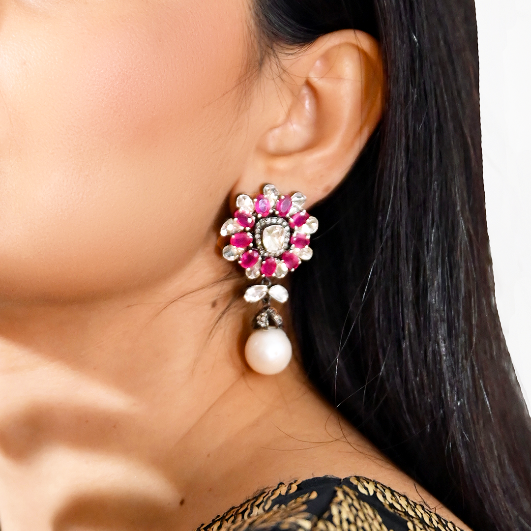 Overlapping Ruby Earrings with Pearl Dropping