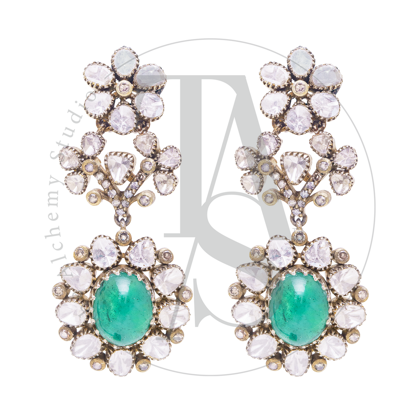Emerald Thistle Uncut Diamond Flower Earrings