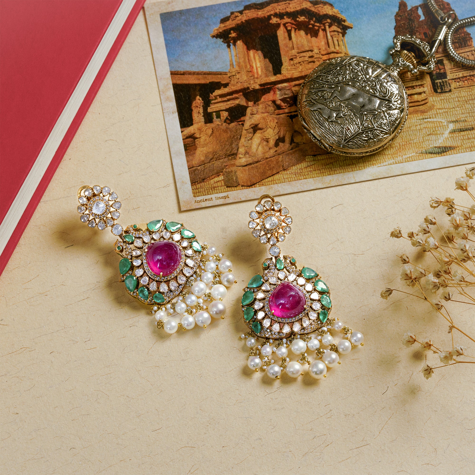 Ruby and Polki diamond gold earrings, luxury handcrafted heritage Indian fine jewellery
