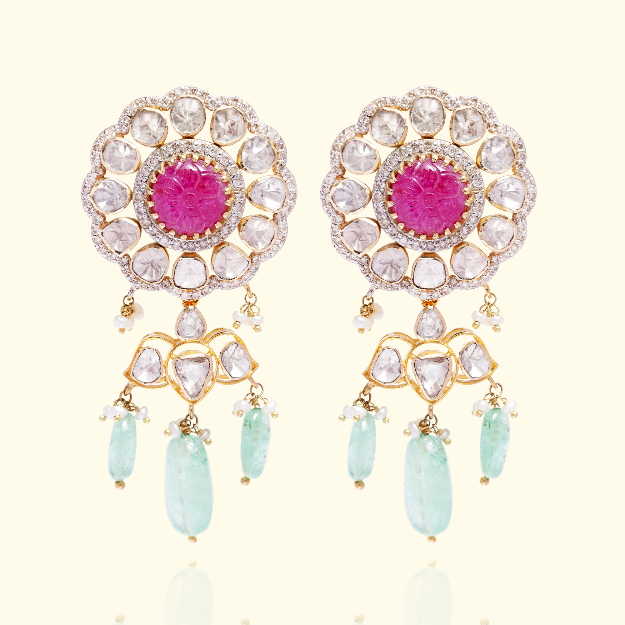 Gazal Polki Ruby Emerald Earrings