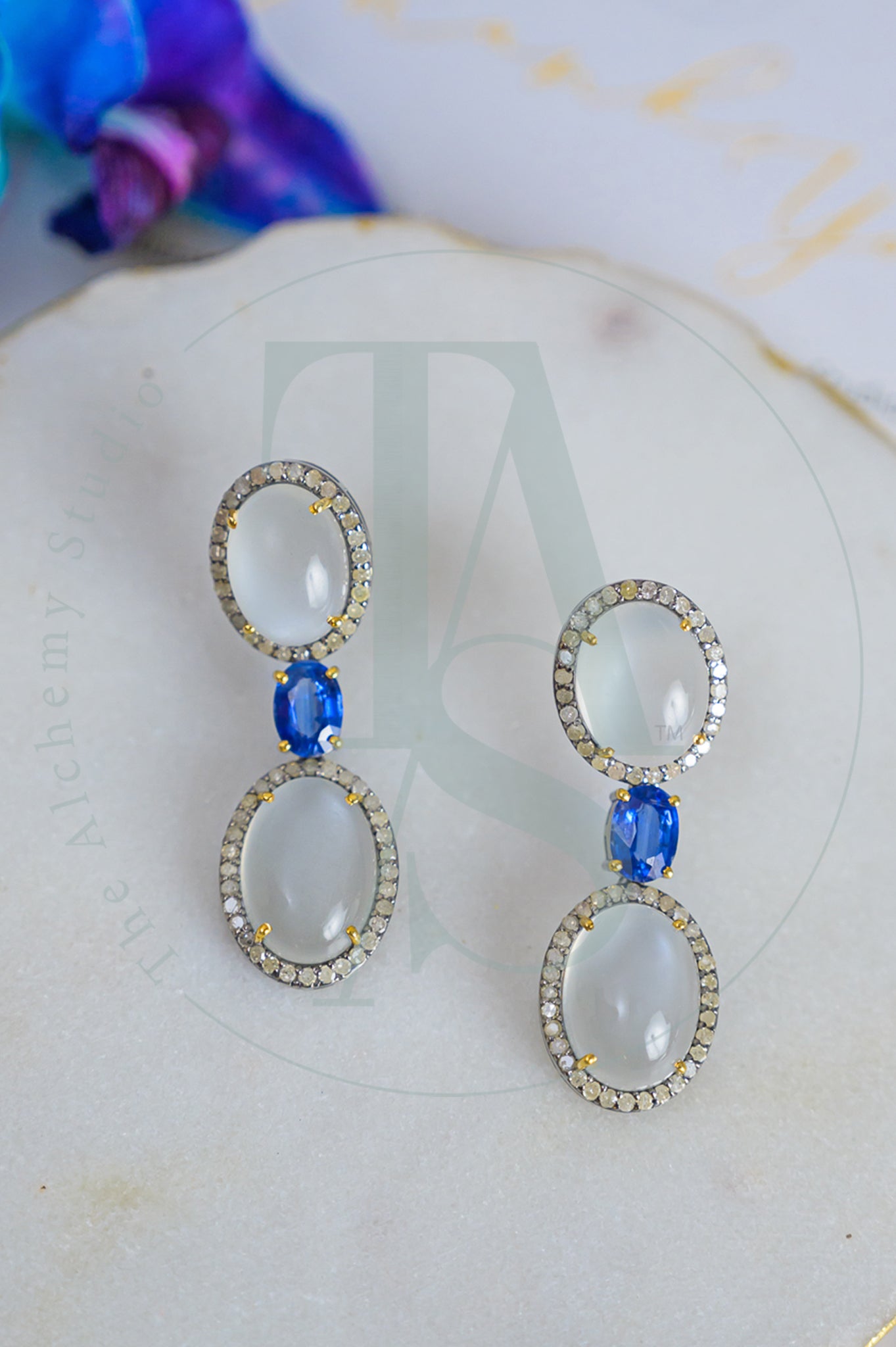 Lunar Moonstone and Sapphire Earrings