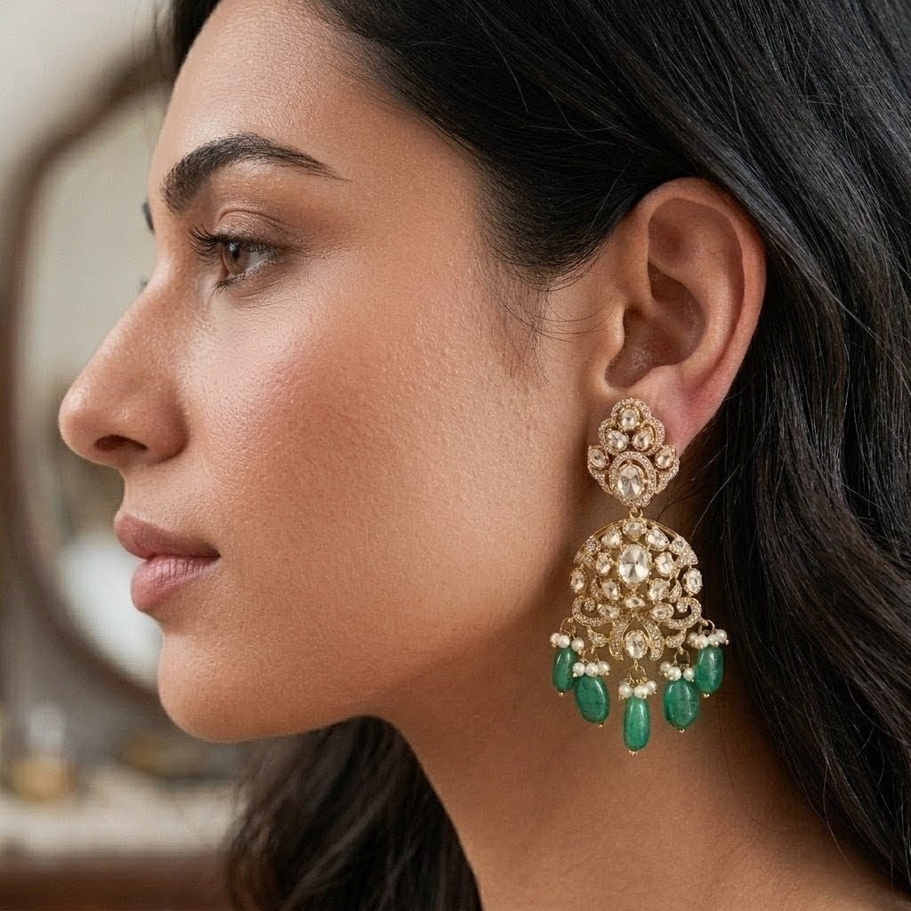 Filigree Polki Emerald Earrings