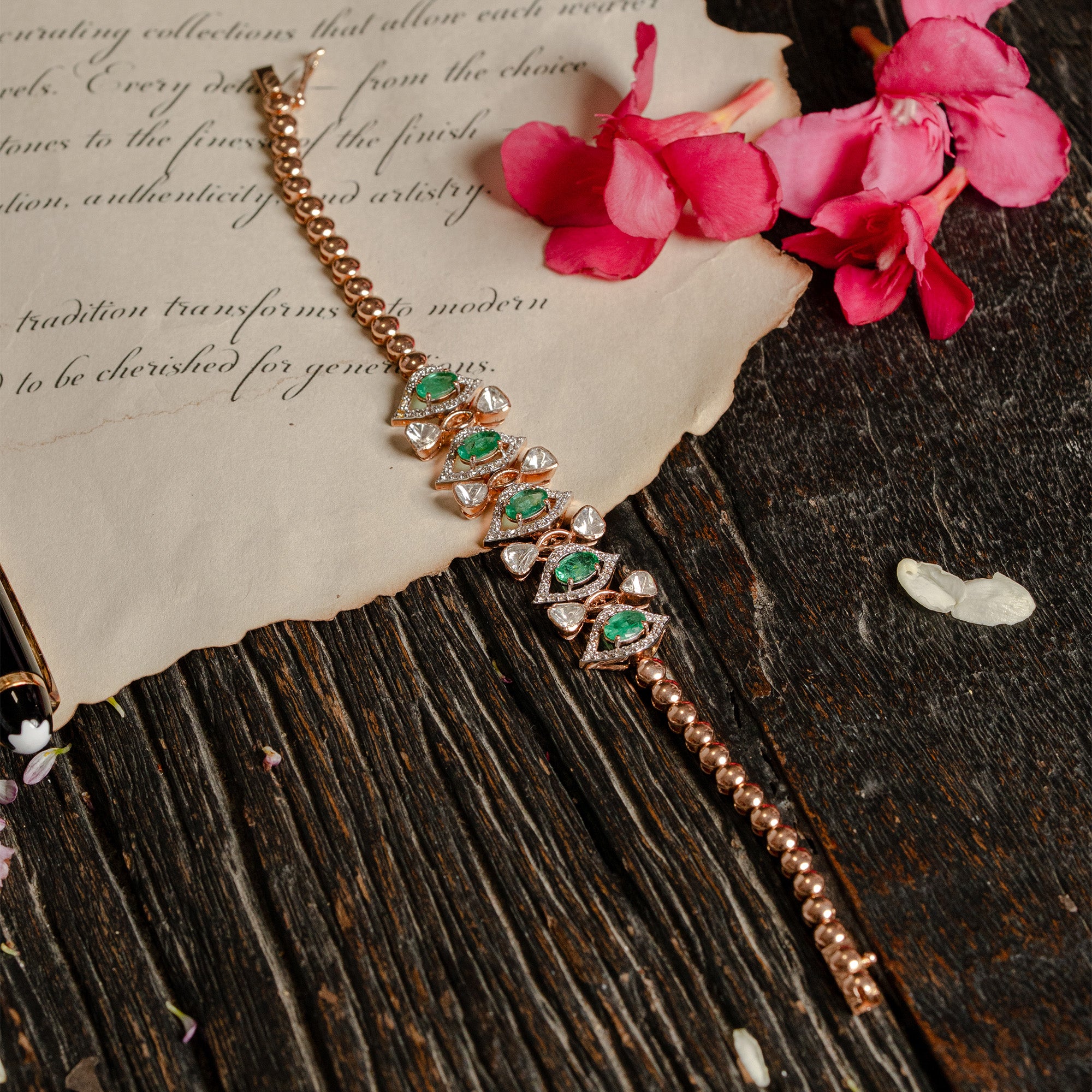 Emerald Polki diamond gold bracelet, luxury handcrafted designer jewellery India