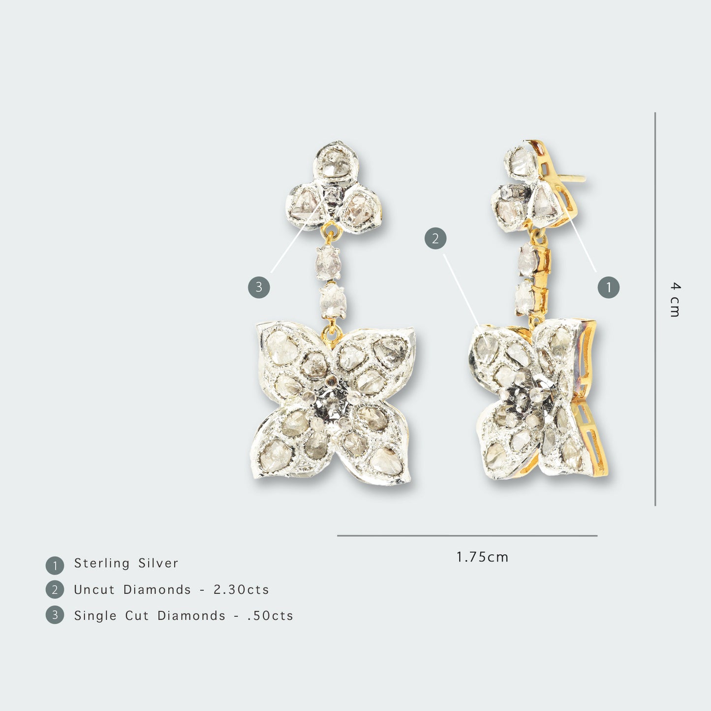 Four Petal Dangling Flower Uncut Diamond Earrings