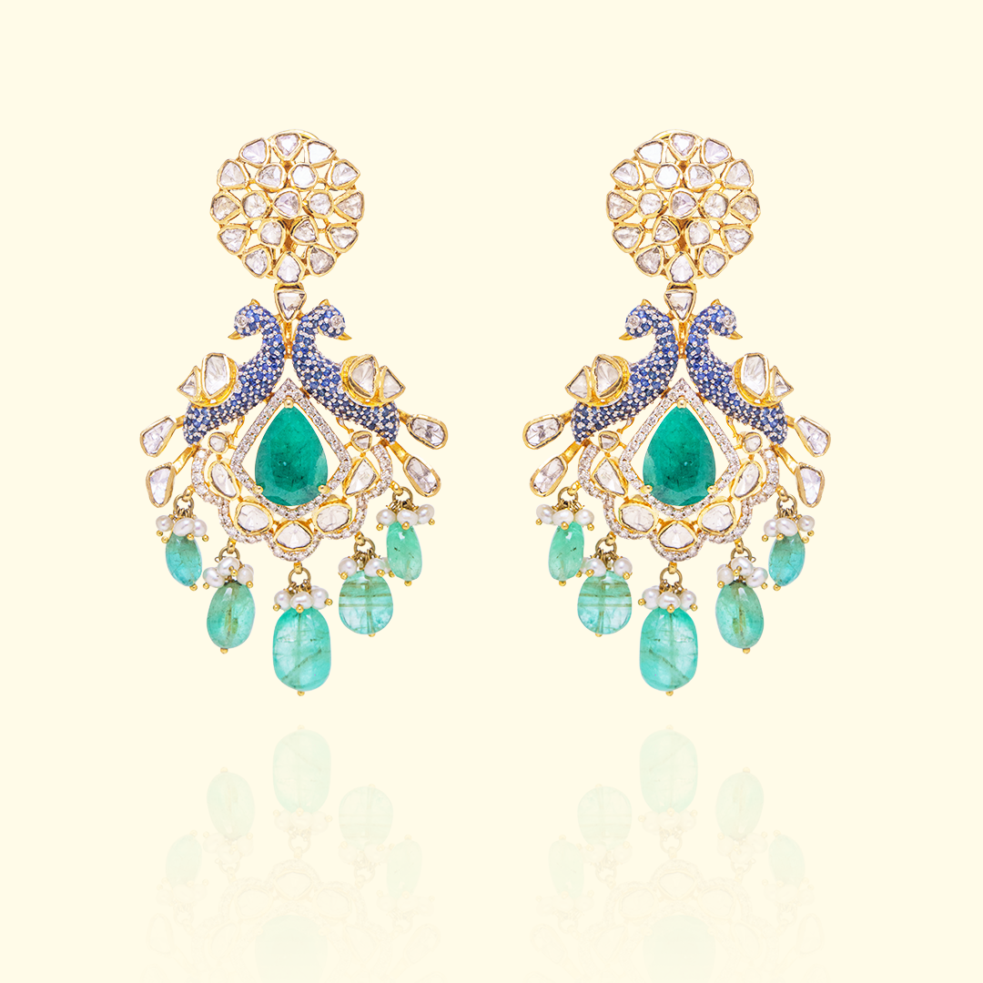 Peacock Emerald Polki Flower Earrings