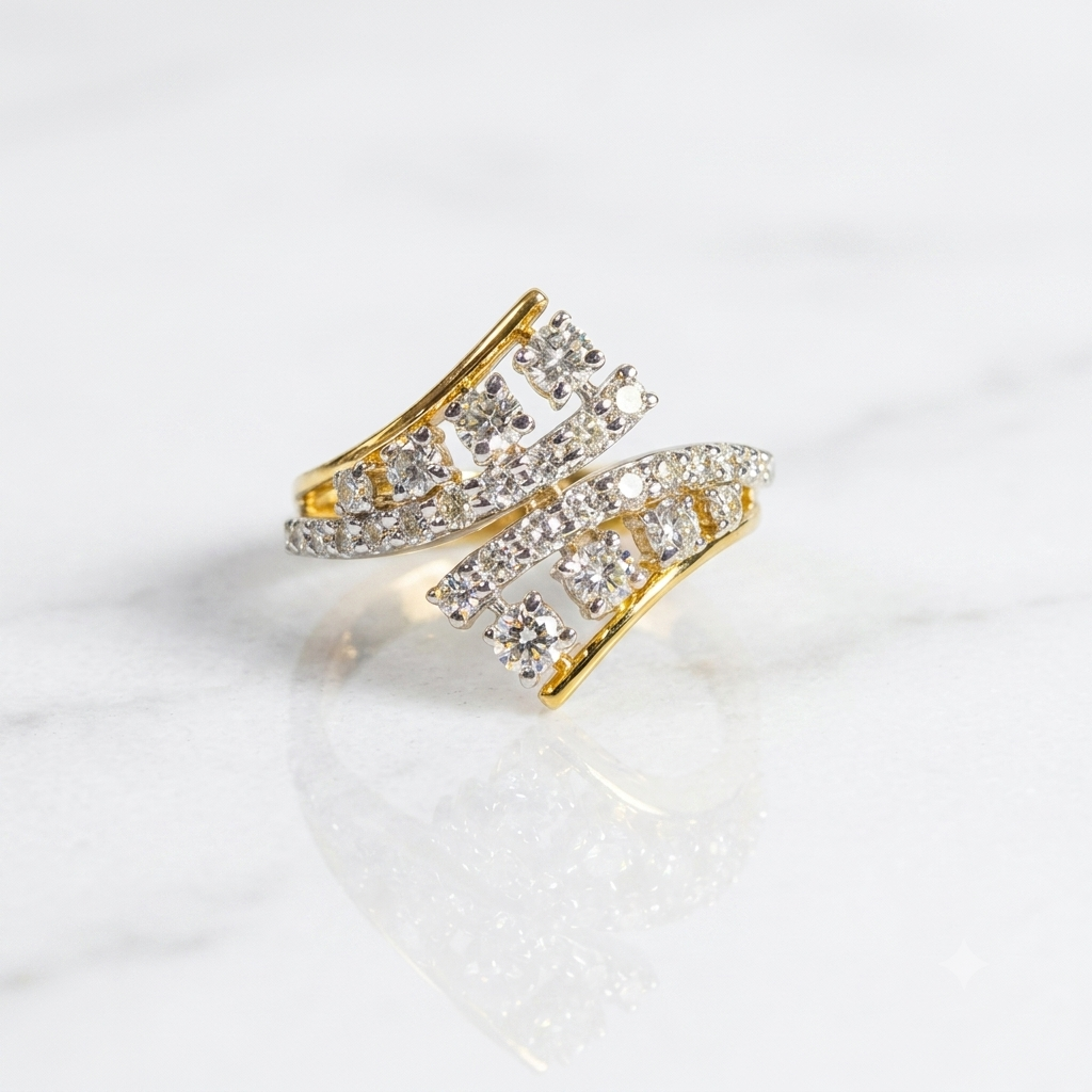A gold and white gold ring featuring multiple rows of sparkling clear pavé and round-cut stones, displayed on a white marble surface.