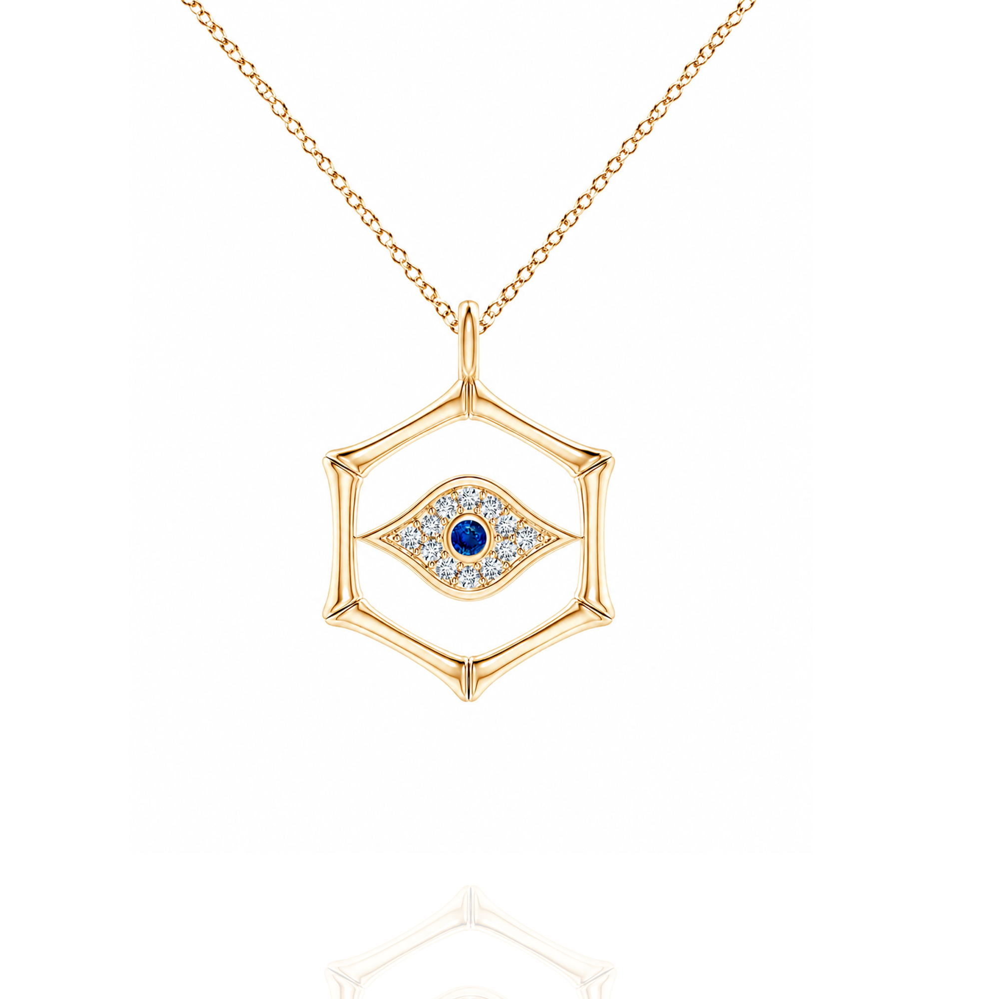 A gold geometric pendant necklace featuring an evil eye design with a central blue gemstone and surrounding clear crystals, displayed on a clean white background with a subtle reflection.