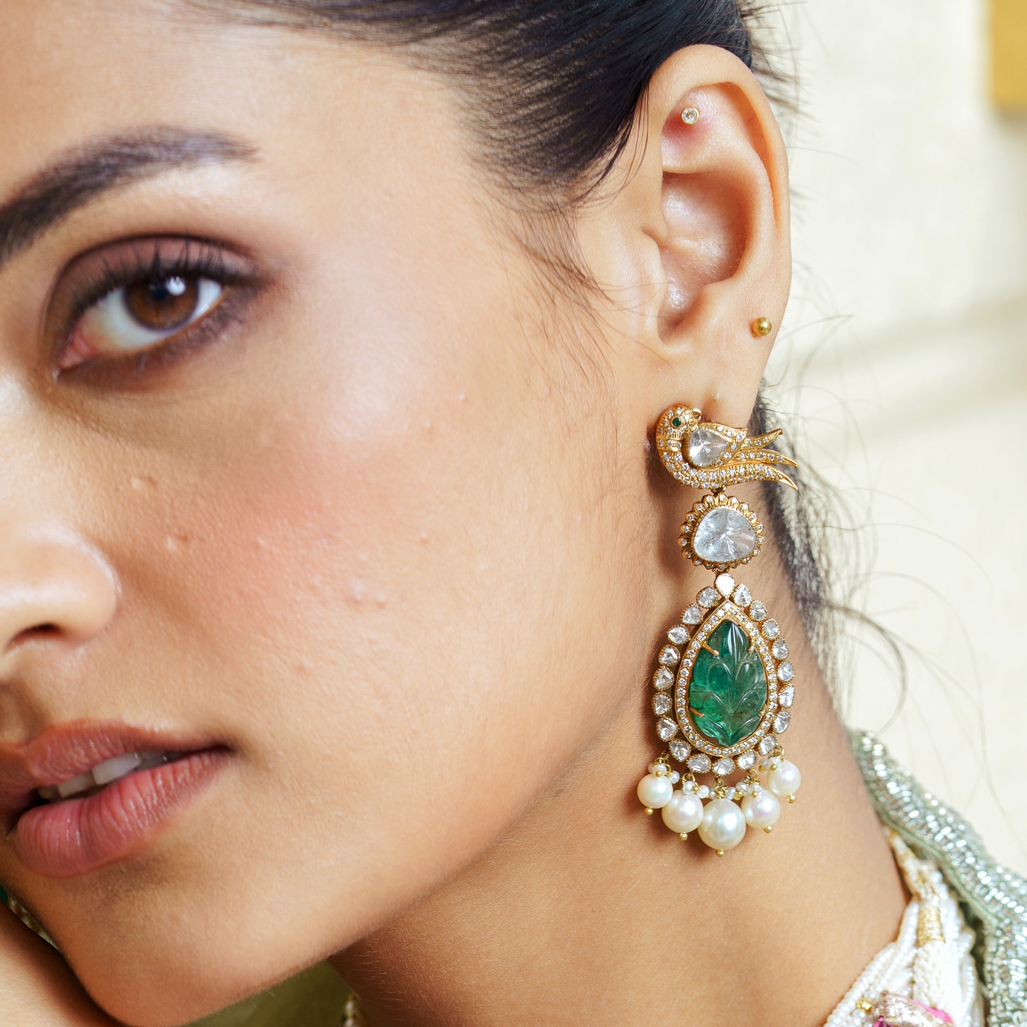 Peacock Carved Emerald Polki Earrings