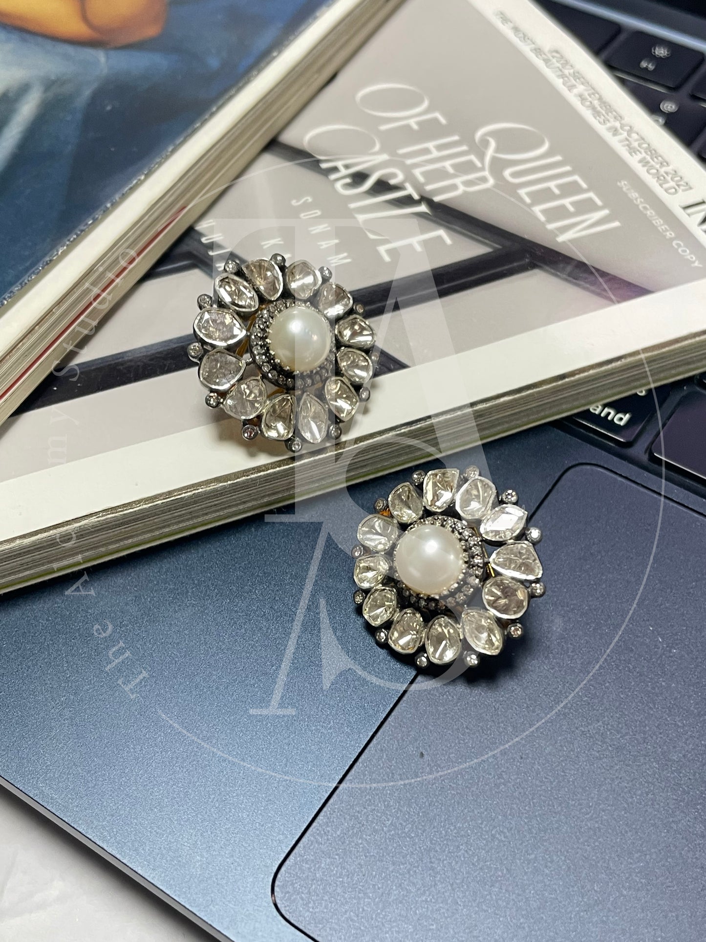Amaraa Pearl and Uncut Diamond Earrings with Diamond Border