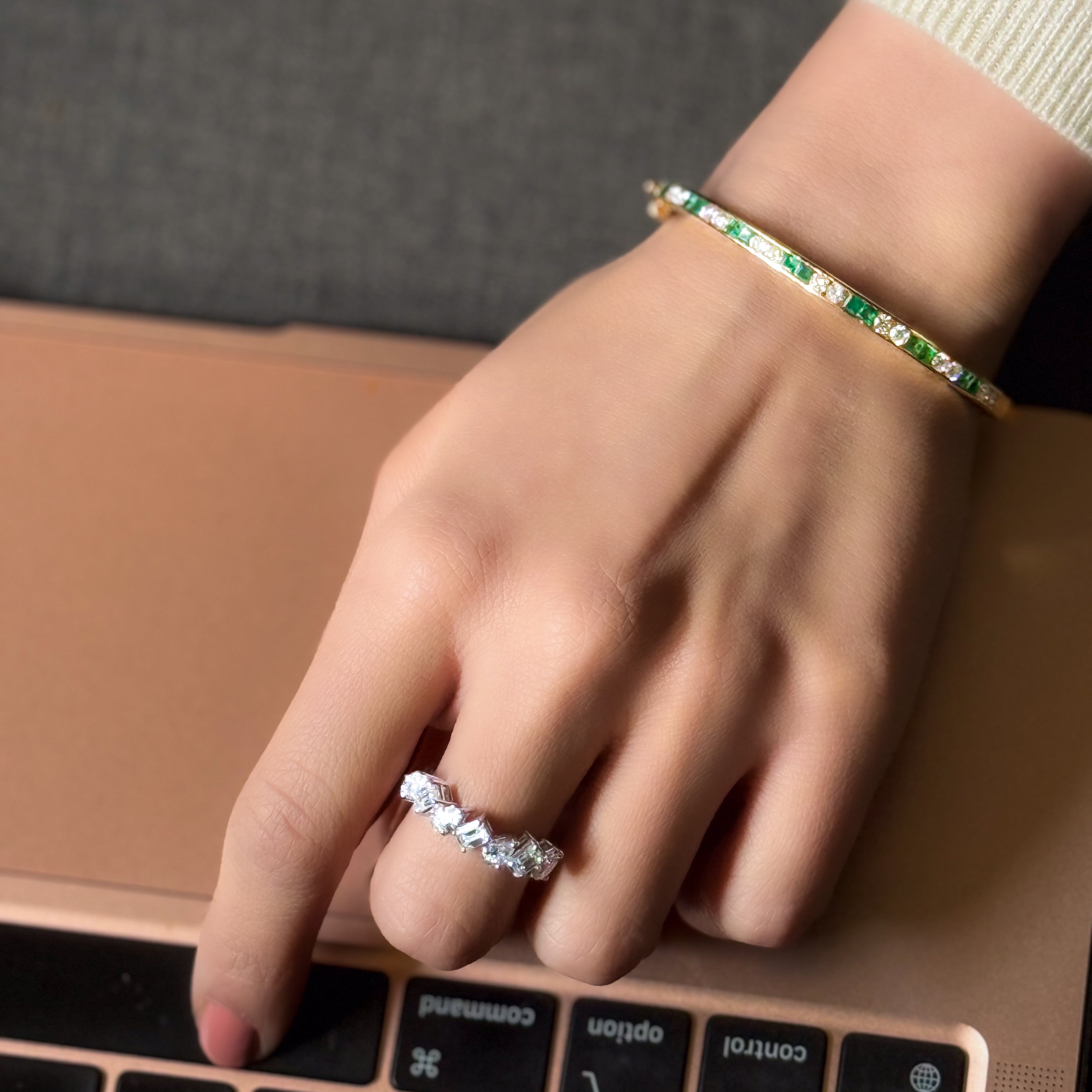 Emerald and Diamond Half Bangle