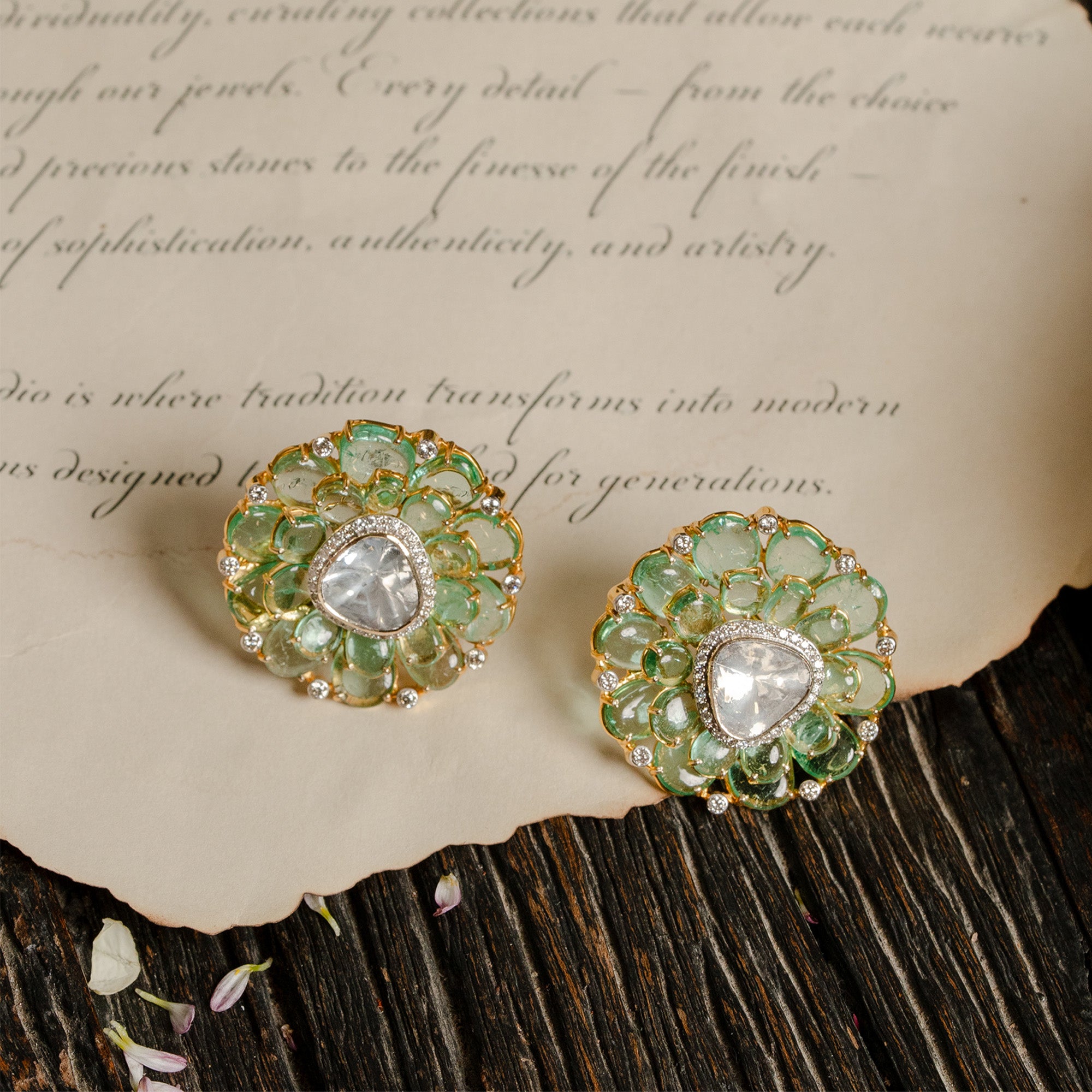 Emerald and Polki uncut diamond gold earrings, artisanal handcrafted luxury fine jewellery
