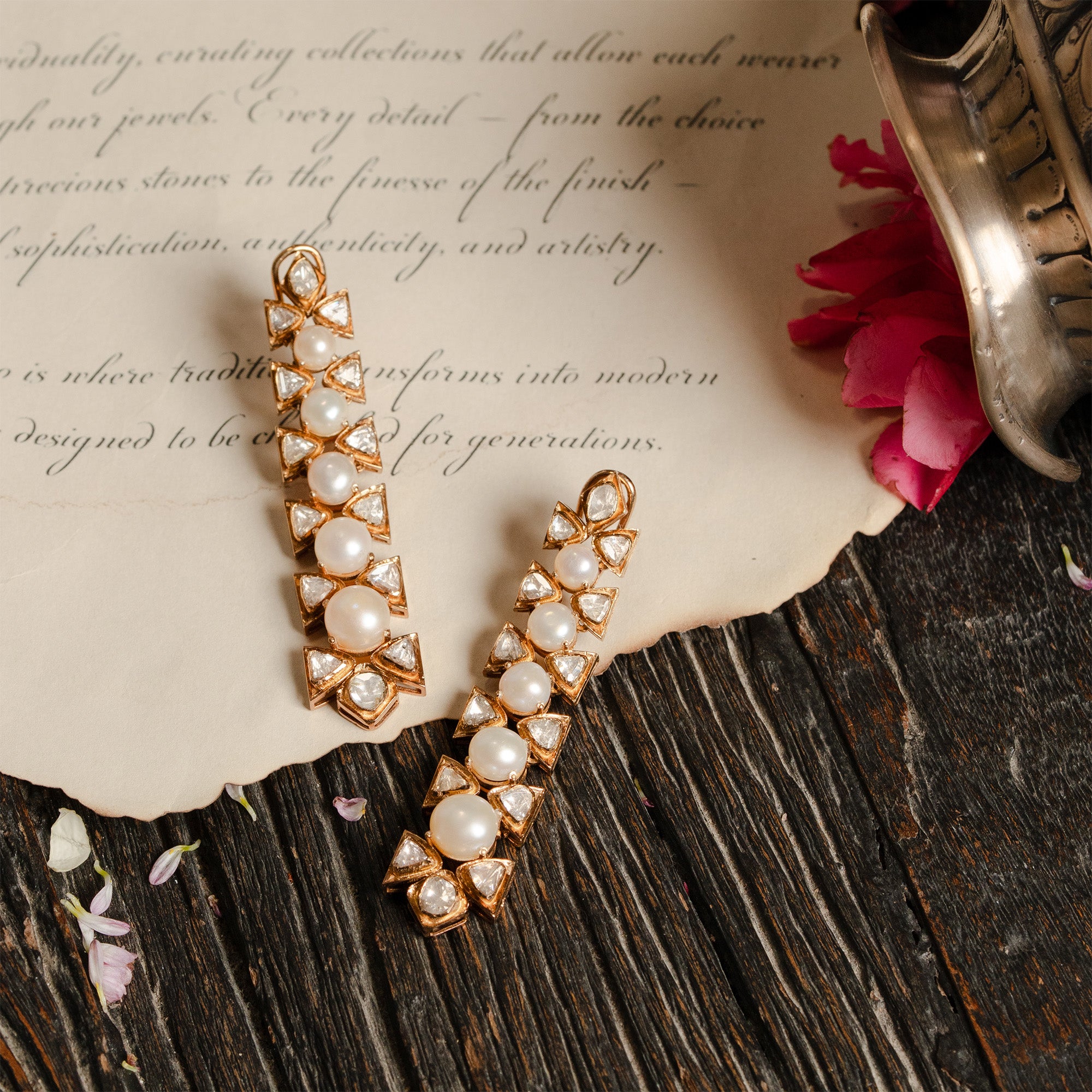 Polki diamond and pearl gold lari earrings, handcrafted traditional luxury jewellery for women