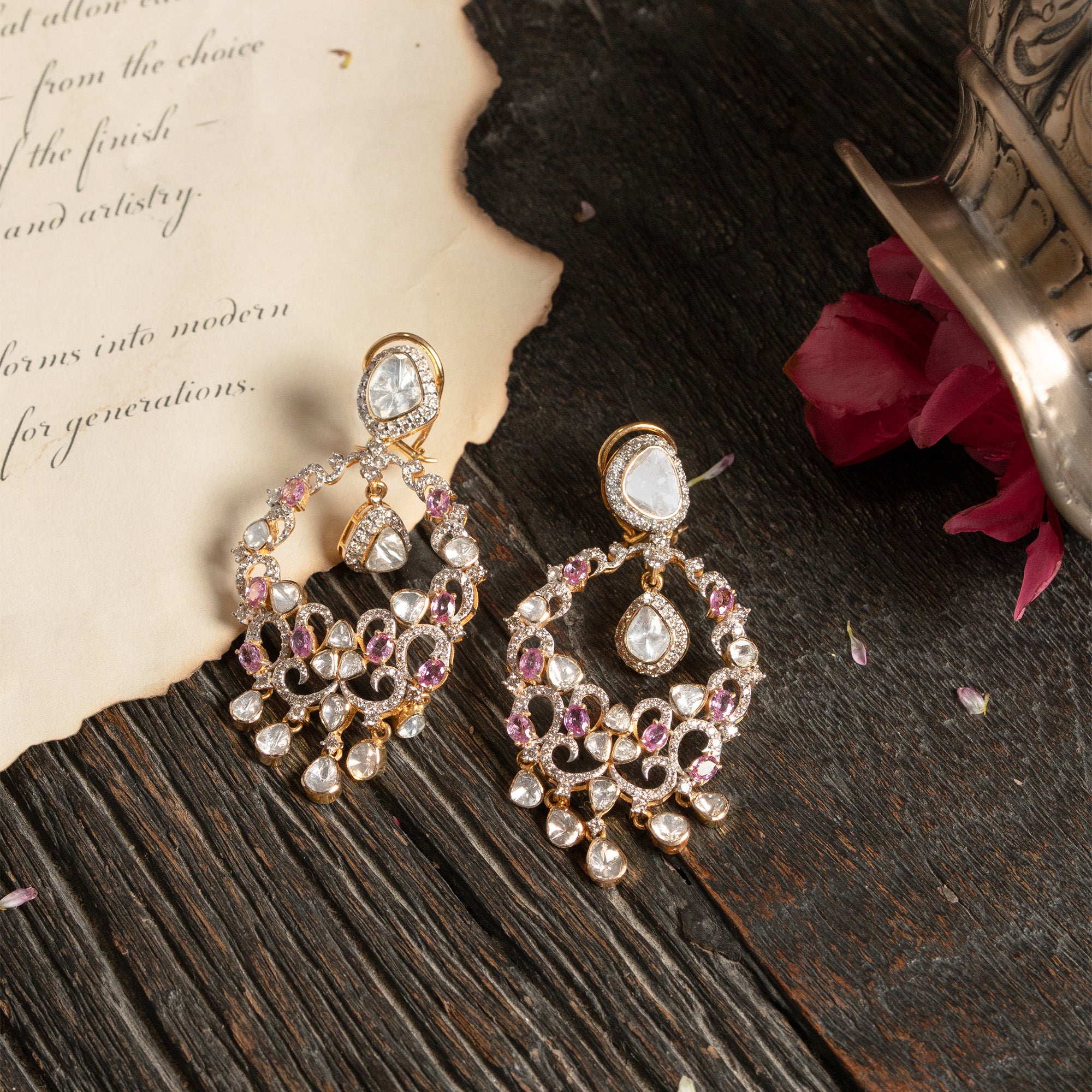 Polki uncut diamond gold chandbalis, traditional handcrafted luxury jewellery for women in India