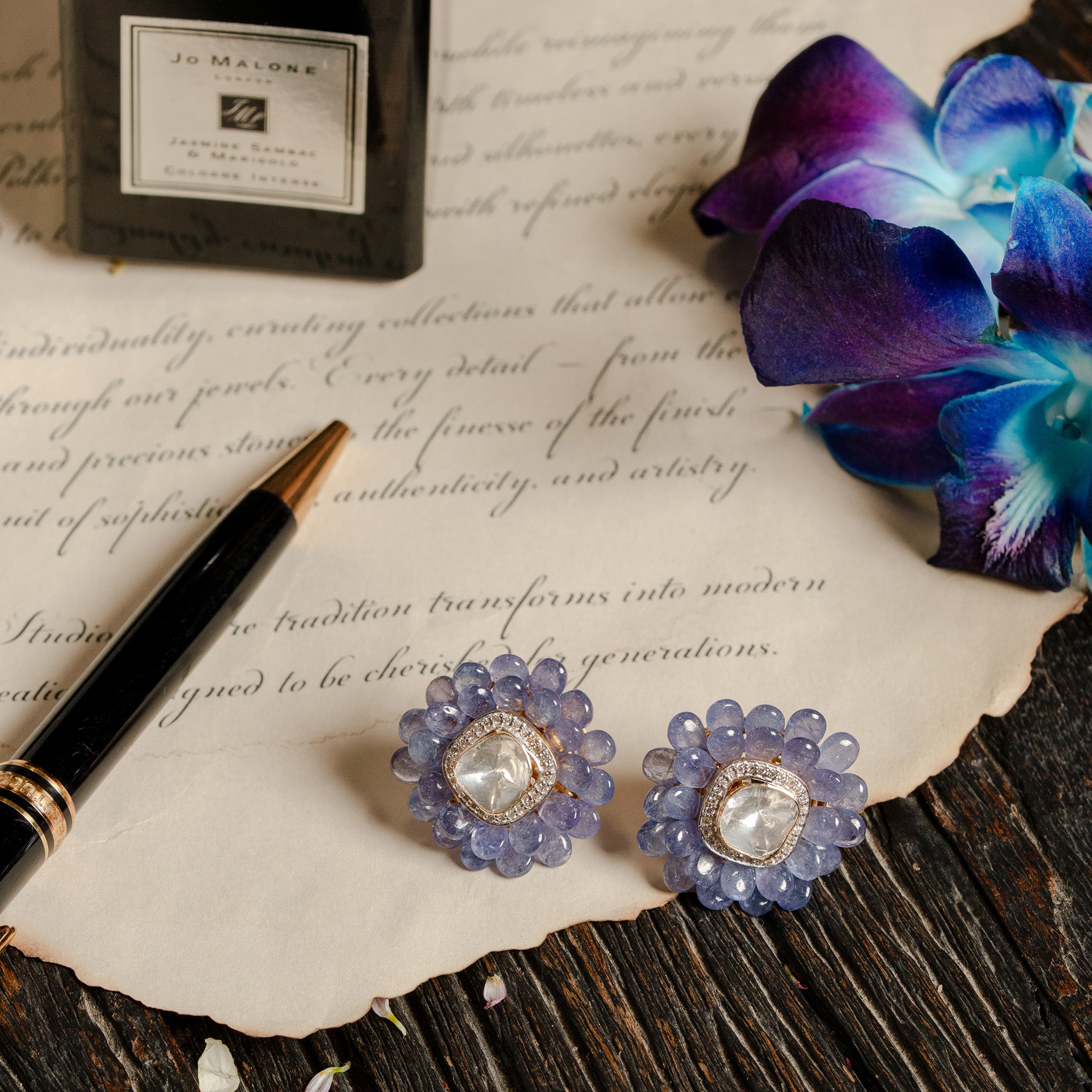 Polki diamond and tanzanite gold earrings, traditional handcrafted luxury jewellery for women