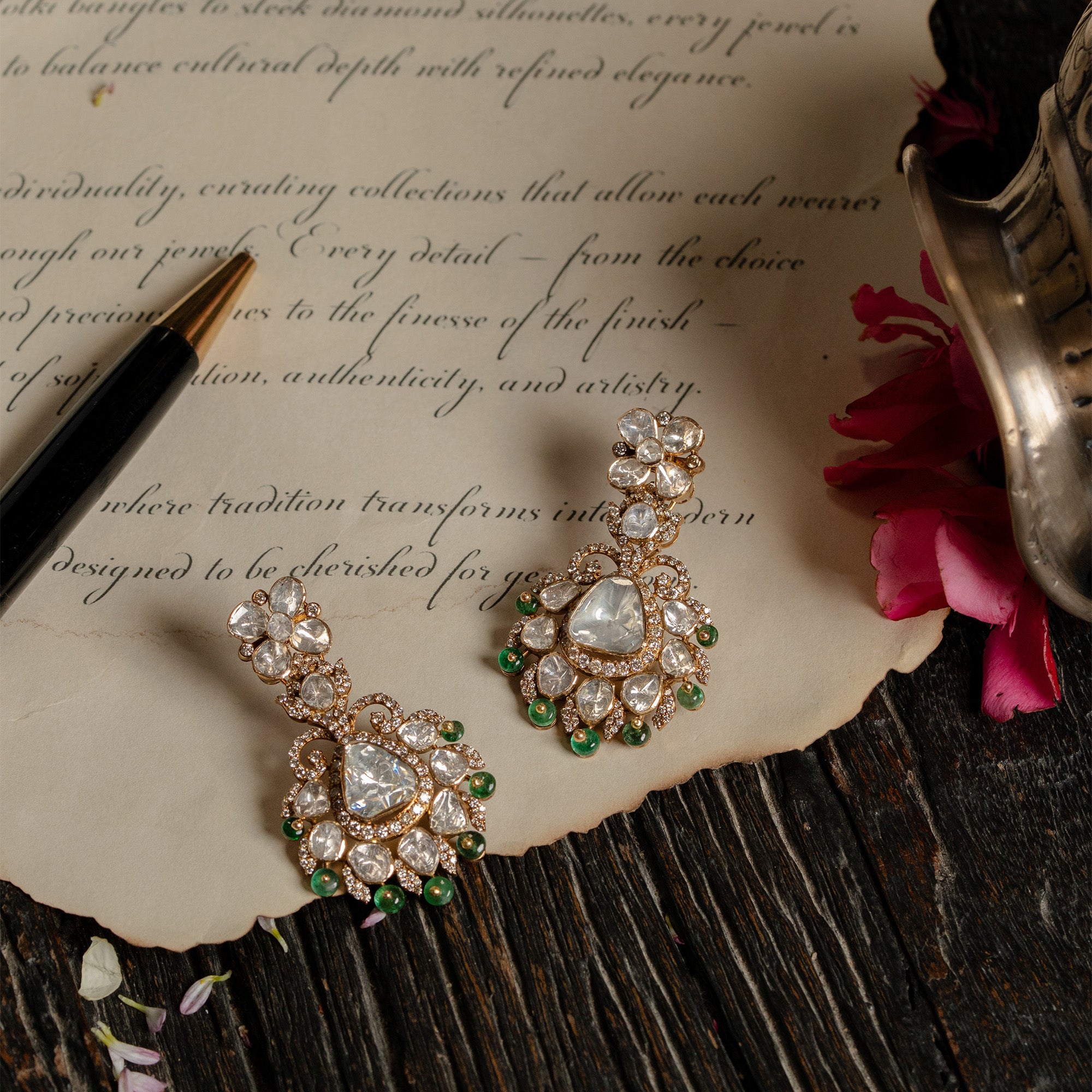 Emerald and Polki uncut diamond gold earrings, handcrafted luxury fine jewellery for women