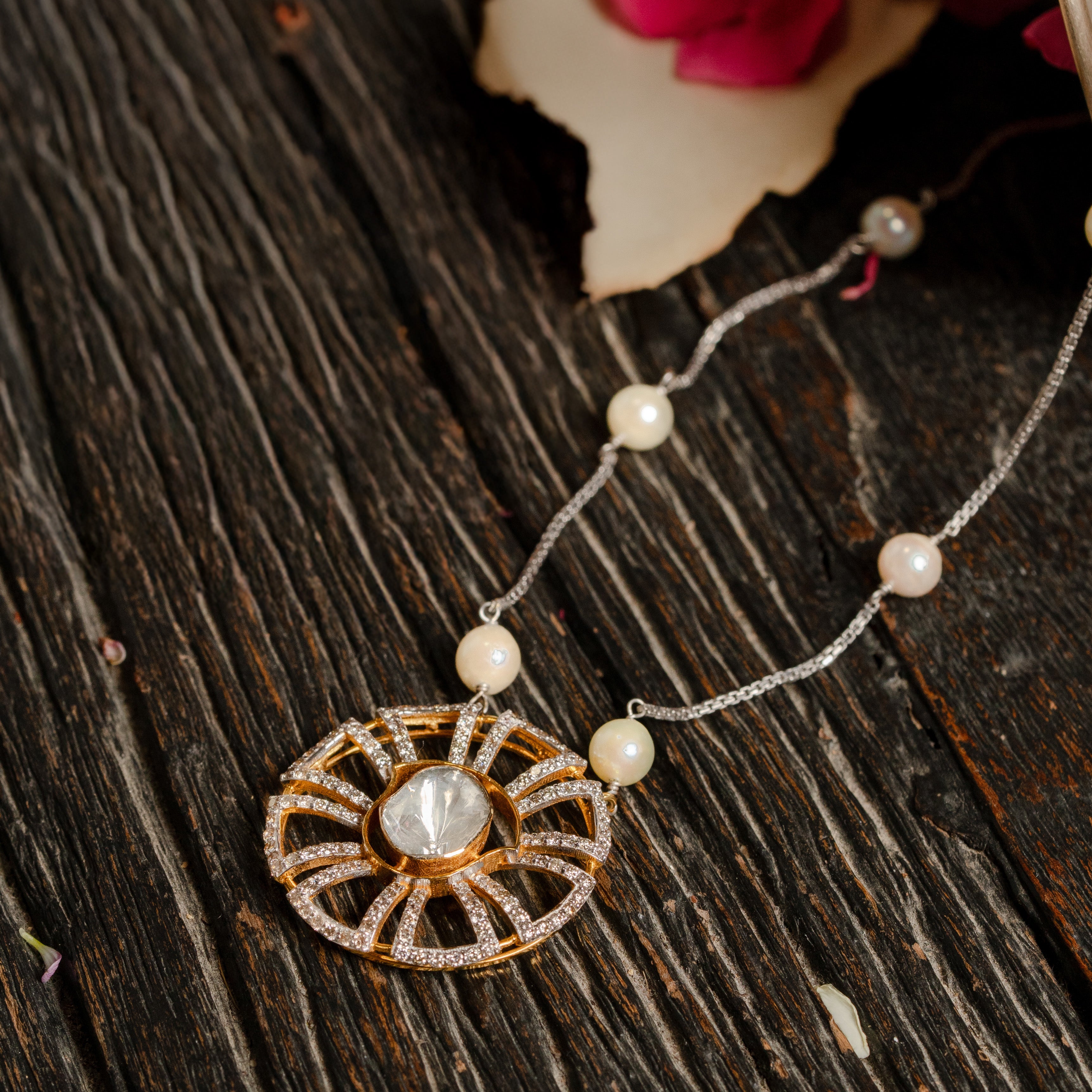 Diamond gold pendant with chakra design, handcrafted luxury fine jewellery, statement pendant for women