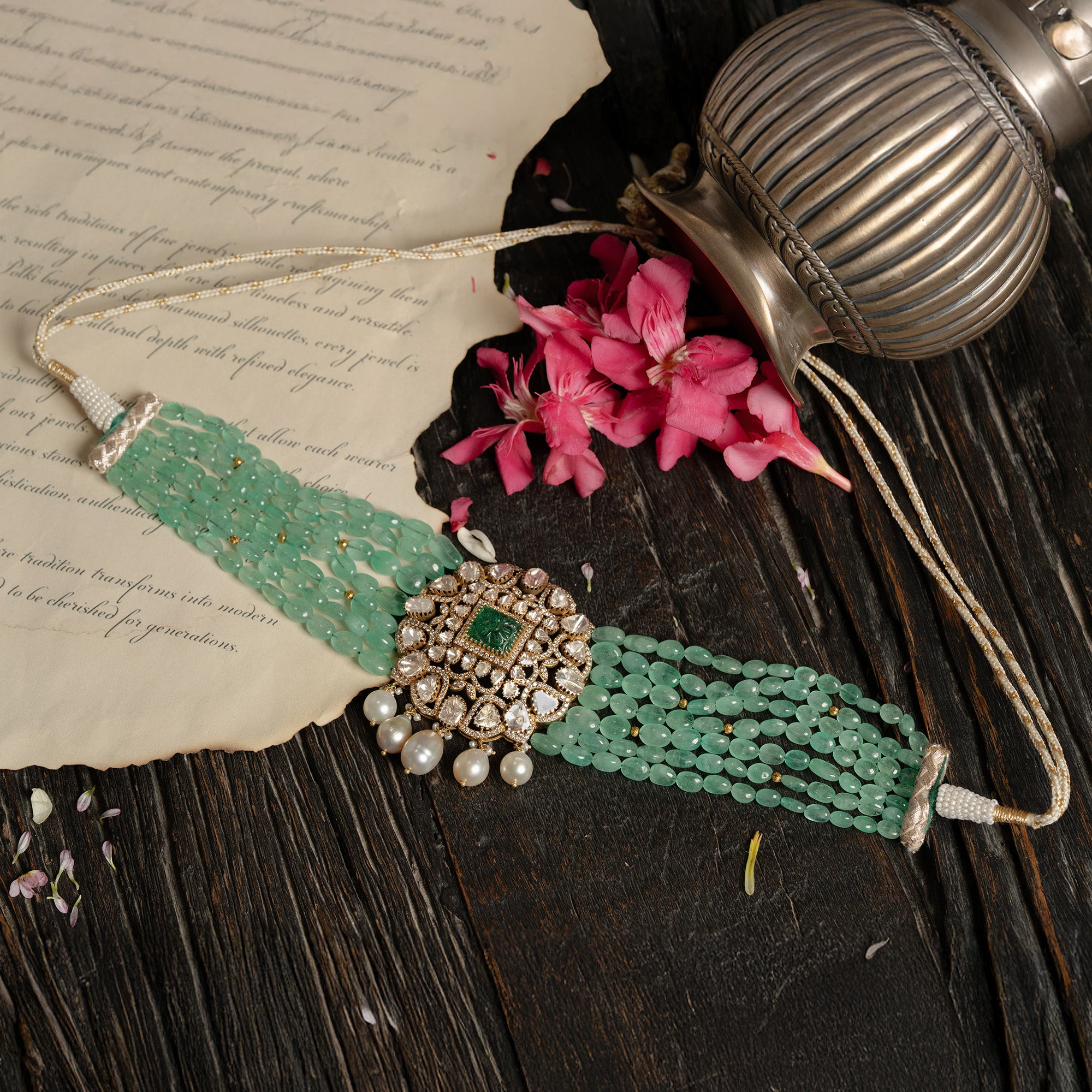 Carved emerald Polki diamond gold choker, luxury handcrafted traditional jewellery, statement choker for women
