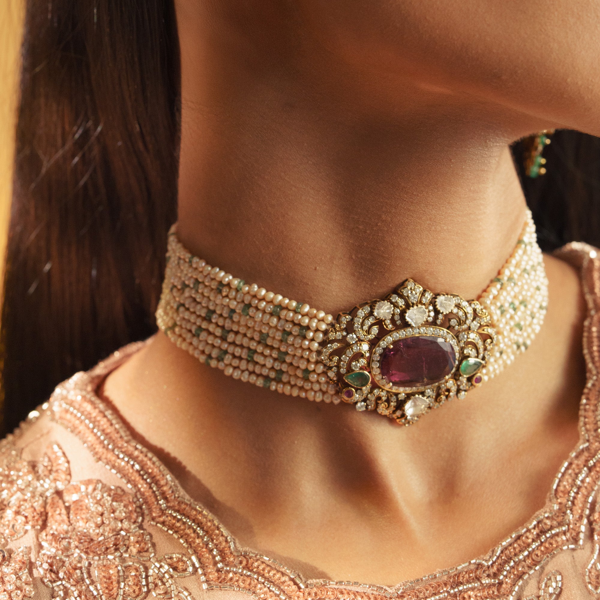 Tourmaline diamond gold choker, luxury handcrafted fine jewellery, statement choker for women
