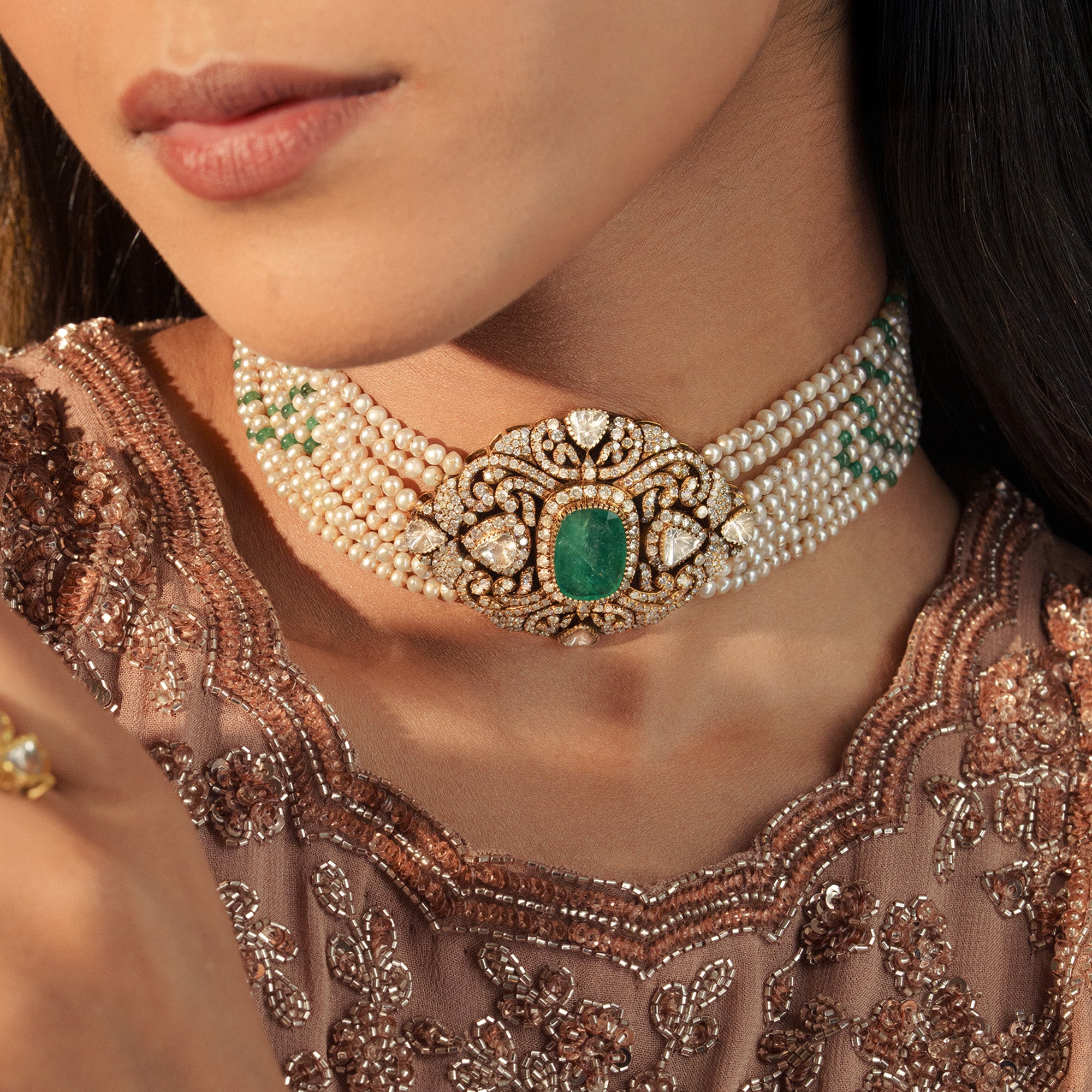Emerald diamond gold choker, handcrafted luxury fine jewellery, statement choker for women