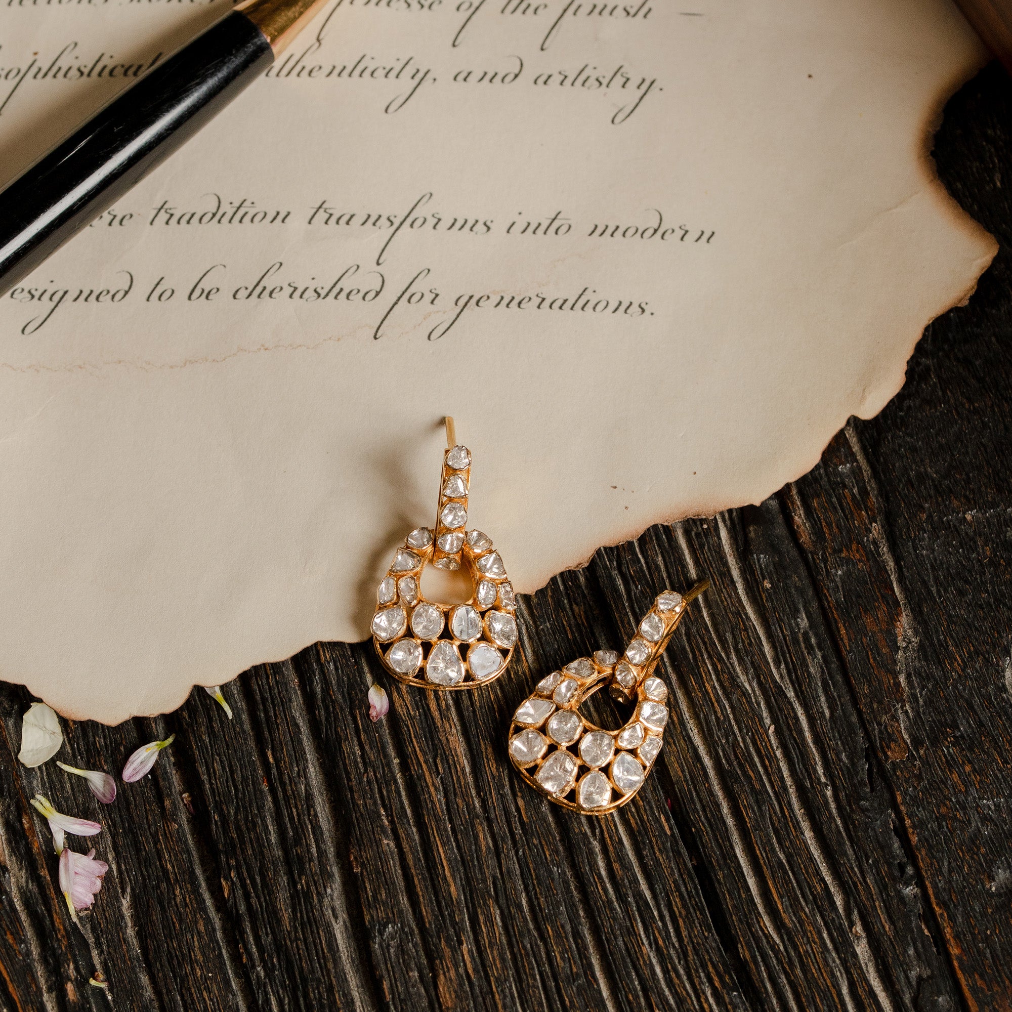 Polki uncut diamond gold earrings, traditional handcrafted luxury Indian fine jewellery for women